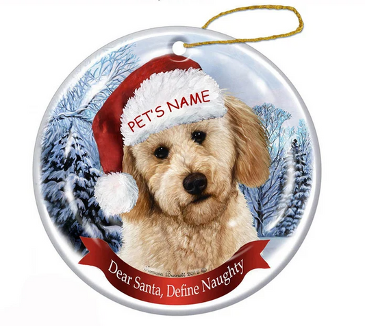 Labradoodle Yellow Santa Hat Dog Porcelain Christmas Ornament