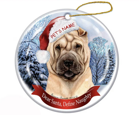 Shar Pei Cream Santa Hat Dog Porcelain Christmas Ornament