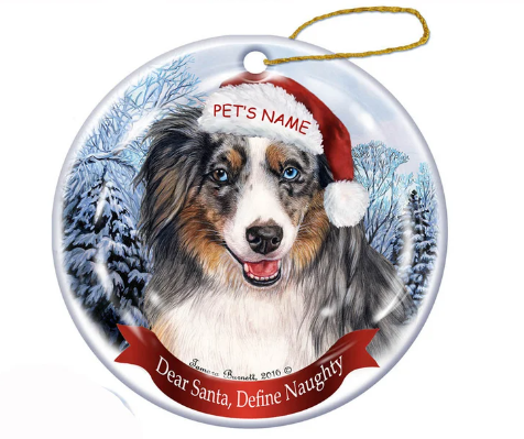 American Shepherd (Aussie Mini) Blue Merle Santa Hat Dog Porcelain Christmas Ornament