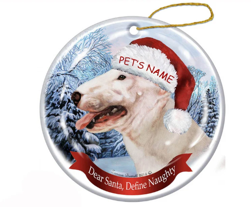 Bull Terrier White Santa Hat Christmas Ornament