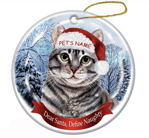 Cat Domestic Shorthair Silver Tabby Santa Hat Dog Porcelain Christmas Ornament