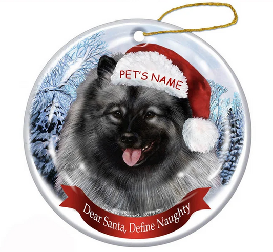 Holiday Pet Gifts Keeshond Santa Hat Dog Porcelain Christmas Ornament, Personalized Christmas Ornaments