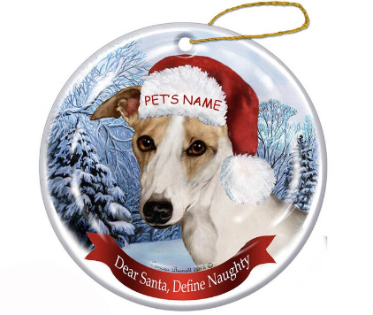 Holiday Pet Gifts Whippet Tan and White Santa Hat Dog Porcelain Christmas Ornament