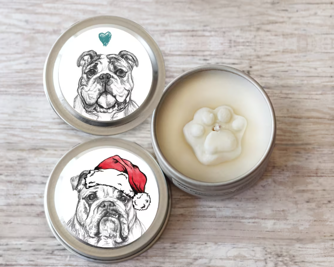 English Bulldog Paw Print Soy Candle - Dog Lover Christmas Gift