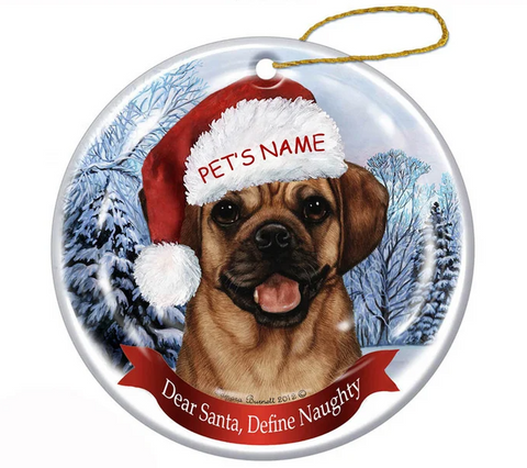 Holiday Pet Gifts Puggle Fawn Santa Hat Dog Porcelain Christmas Ornament, Personalized Christmas Ornaments