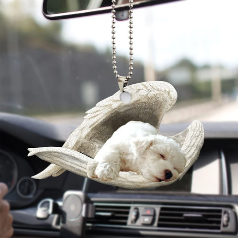 White Poodle Sleeping Angel Wing - Memorial Dog Lover Rear View Mirror Car Accessories