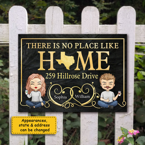 There Is No Place Like Home State Address Sign - Gift For Couples, Husband Wife - Personalized Metal Sign