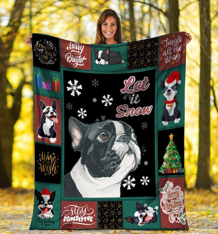 Let It Snow Boston Terrier Dog Snowflake Christmas Fleece Blanket - Christmas Fleece Blanket - Gift For Dog Lovers