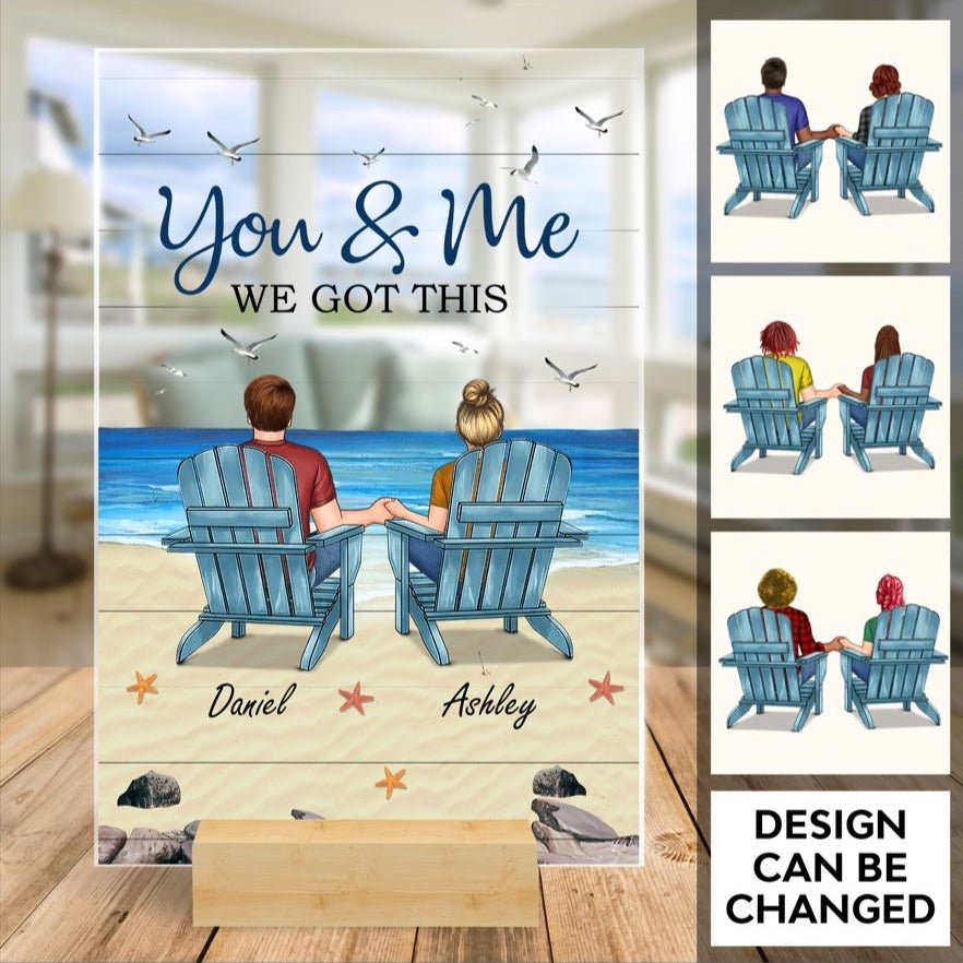 Back View Couple Sitting Beach Landscape - You & Me We Got This - Personalized Acrylic Plaque - Best Gift for Valentine's Day