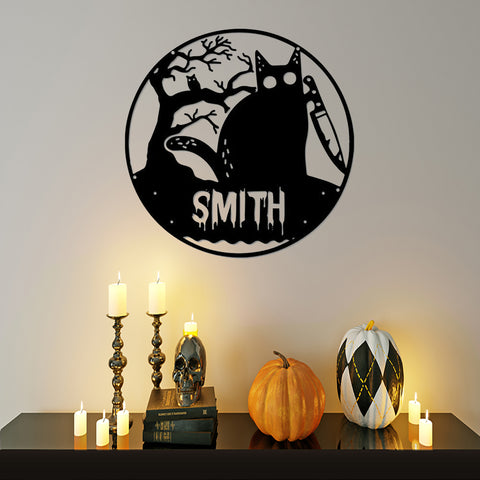 Custom Spooky Black Cat Round Metal Sign - Halloween Black Cat Witch sign