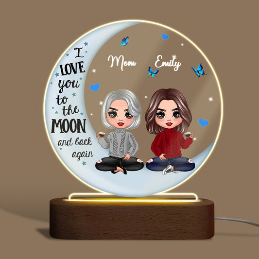 Doll Mommy & Daughter On Moon - Personalized Round Acrylic LED Lamp - Best Gift For Mother