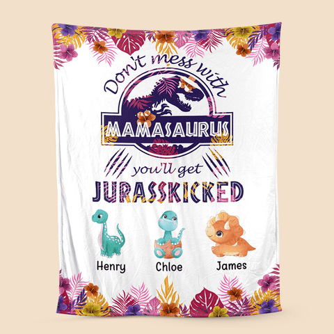 Don't Mess With Mamasaurus Pink & Purple Tropical - Personalized Blanket - Best Gift For Mother
