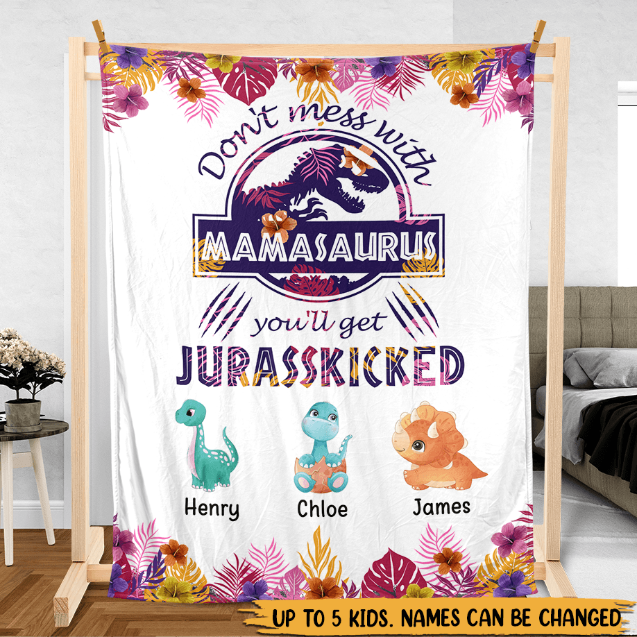 Don't Mess With Mamasaurus Pink & Purple Tropical - Personalized Blanket - Best Gift For Mother