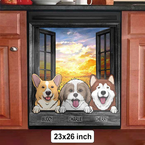 Dogs And Cats By The Windows In The Kitchen - Personalized Dishwasher Cover