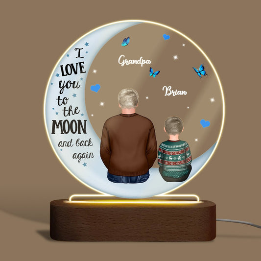Grandpa Grandkids On Moon - Personalized Round Acrylic LED Lamp - Best Gift For Father, Grandpa
