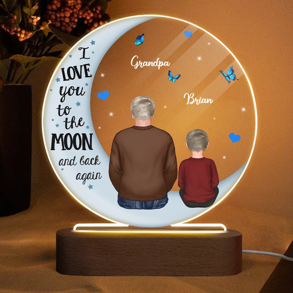 Grandpa Grandkids On Moon - Personalized Round Acrylic LED Lamp - Best Gift For Father, Grandpa
