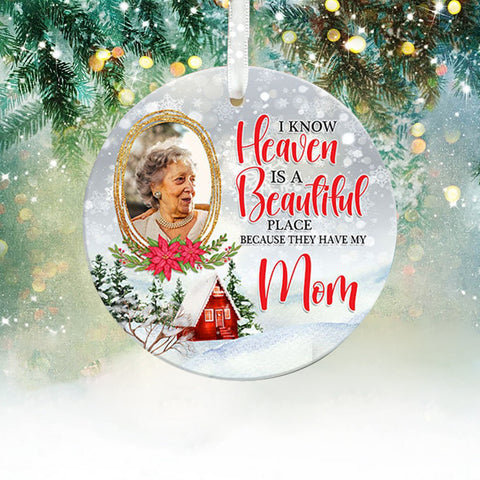 Heaven is a Beautiful Place Round Ornament, Photo Memorial Christmas Ornament