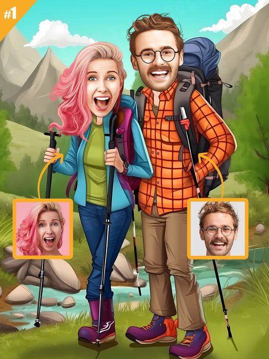 Personalized Caricature Gift of a Hiking Couple