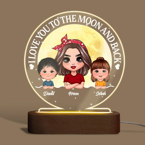 I Love You To The Moon Mom And Kids Moon Night - Personalized Round Acrylic LED Lamp - Best Gift For Mother