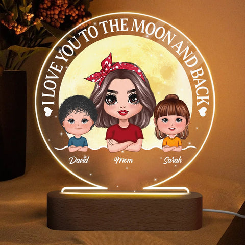 I Love You To The Moon Mom And Kids Moon Night - Personalized Round Acrylic LED Lamp - Best Gift For Mother