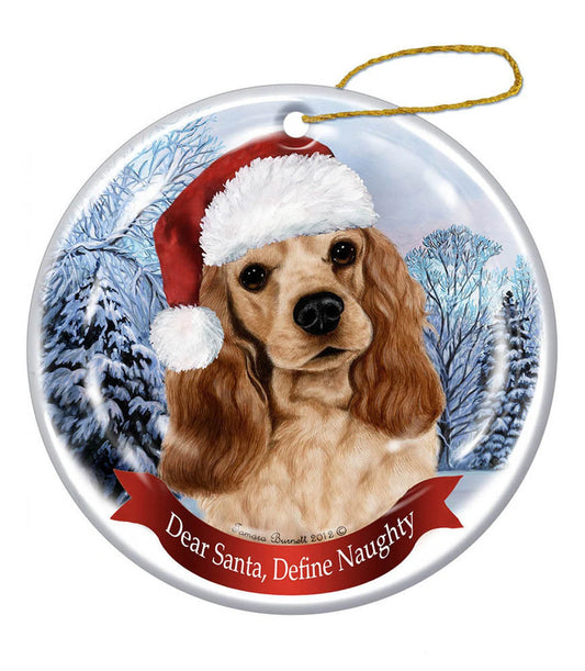 Holiday Pet Gifts Cocker Spaniel (Buff) Santa Hat Dog Porcelain Christmas Ornament