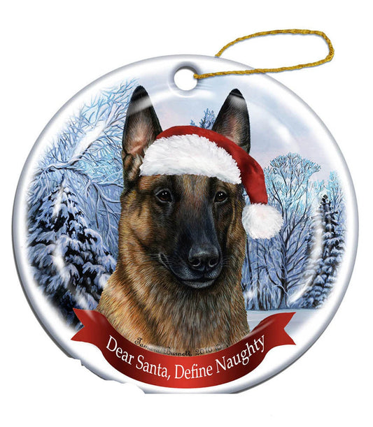 Holiday Pet Gifts Belgian Mailnois Santa Hat Dog Porcelain Christmas Ornament