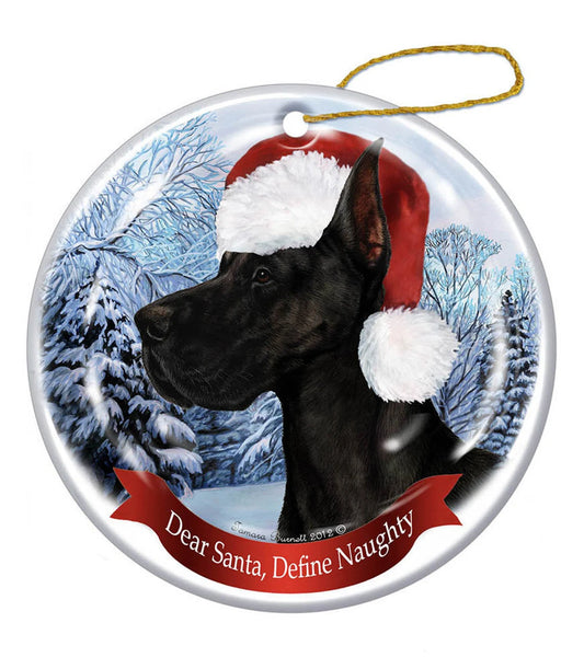 Great Dane (Cropped) Holiday Pet Gifts Black Santa Hat Dog Porcelain Christmas Ornament