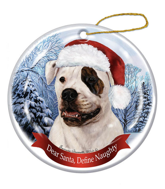 Holiday Pet Gifts American Bulldog (Brindle Eye) Santa Hat Dog Porcelain Christmas Ornament