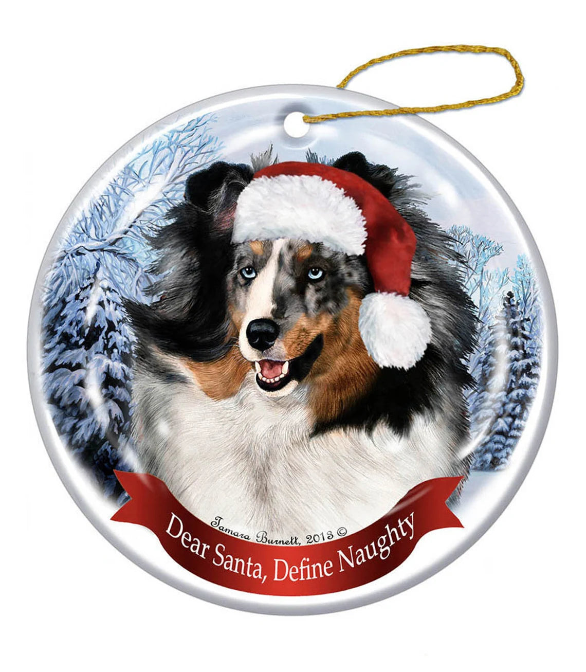 Holiday Pet Gifts Sheltie (Blue Merle) Santa Hat Dog Porcelain Christmas Ornament, Personalized Christmas Ornaments