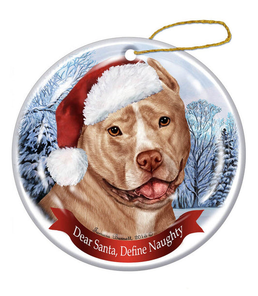 Holiday Pet Gifts Pit Bull (Cropped Cream & White) Santa Hat Dog Porcelain Christmas Ornament