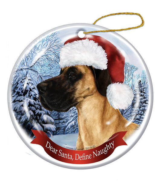 Holiday Pet Gifts Great Dane (Uncropped) Fawn Santa Hat Dog Porcelain Christmas Ornament