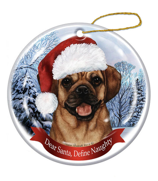 Holiday Pet Gifts Puggle Fawn Santa Hat Dog Porcelain Christmas Ornament, Personalized Christmas Ornaments