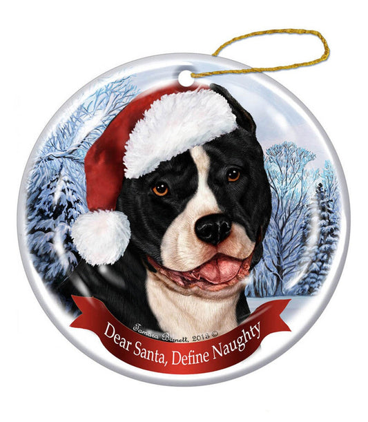 Holiday Pet Gifts Pit Bull (Cropped Black & White) Santa Hat Dog Porcelain Christmas Ornament