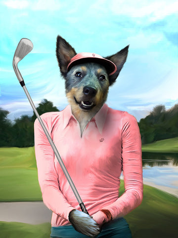 Custom Golf Player Dog Portrait, Pet Royalty Playing Golf Portrait