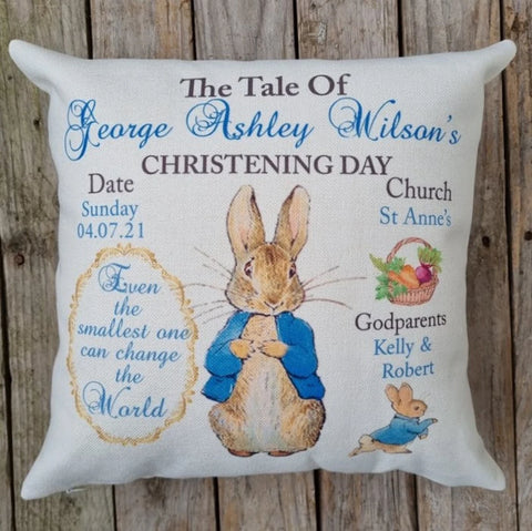 Peter/Flospy Rabbit Personalized Christening keepsake Cushion - Gift for Godchild
