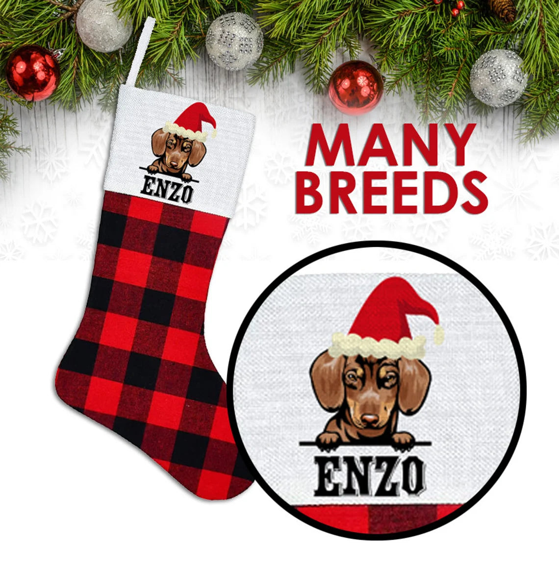 Custom Dog Name and Breed Image Stocking -  Personalized Dog Christmas Stocking