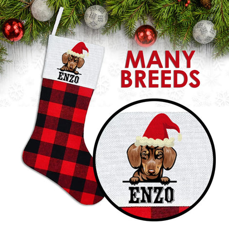Custom Dog Name and Breed Image Stocking -  Personalized Dog Christmas Stocking