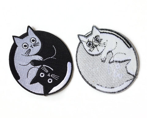 Black White Cat iron on patch - Cute Yin and Yang embroidered patch