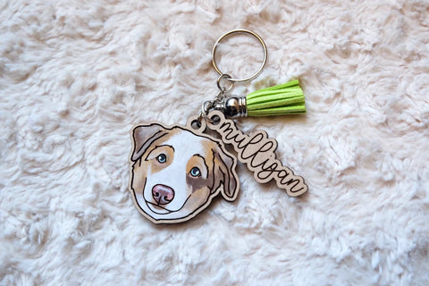 1 Pet Keychain: Painted Custom Wood Pet Illustrated Portrait Keychain