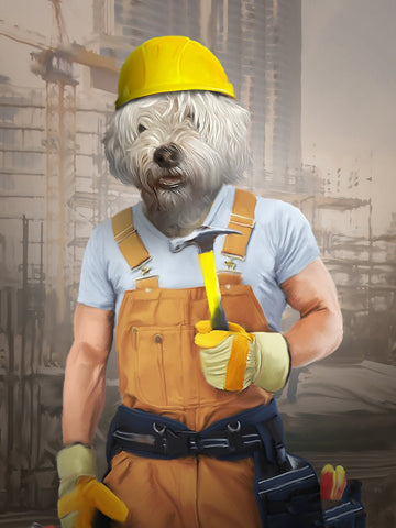 Construction Worker, Funny Pet Painting Portrait, Dog Art, Cat Art