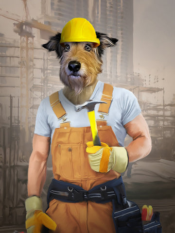 Construction Worker, Funny Pet Painting Portrait, Dog Art, Cat Art