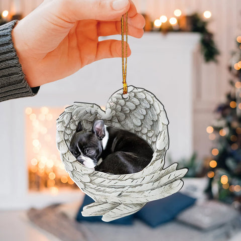Puppy Boston Terrier Sleeping Angel Wing - Memorial Dog Pet Lover Keychain Ring Holder Kit