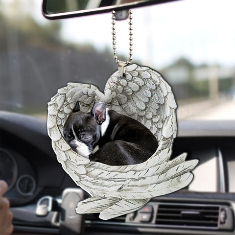 Boston Terrier Sleeping Angel Wing - Memorial Dog Pet Lover Keychain Ring Holder Kit