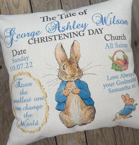 Peter/Flospy Rabbit Personalized Christening keepsake Cushion - Gift for Godchild