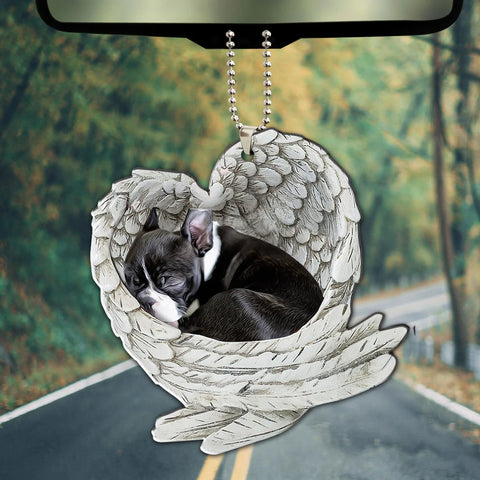 Boston Terrier Sleeping Angel Wing - Memorial Dog Pet Lover Keychain Ring Holder Kit