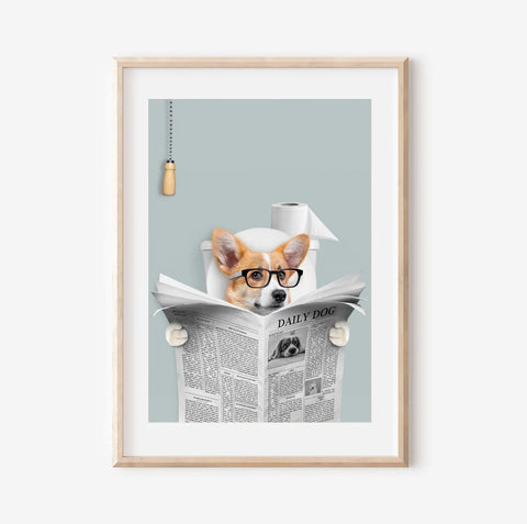 Custom Pet Portrait - Dog Read Newspaper in Toilet Poster