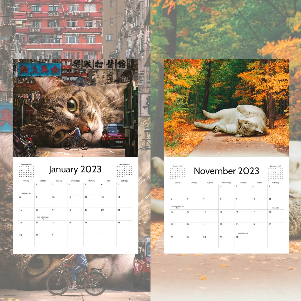 LAZY CAT CALENDAR 2023, Cat Wall Calendar, Original Cat Art, Kitty