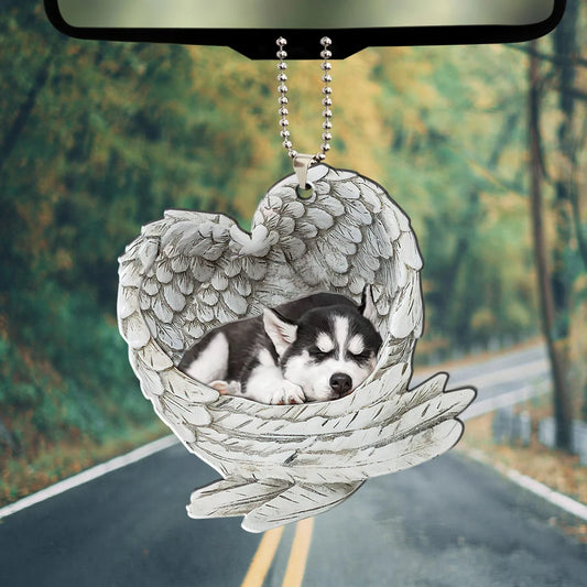 Husky Sibir Sleeping Angel Wing - Memorial Dog Pet Lover Keychain Ring Holder Kit
