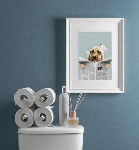Custom Pet Portrait - Dog Read Newspaper in Toilet Poster