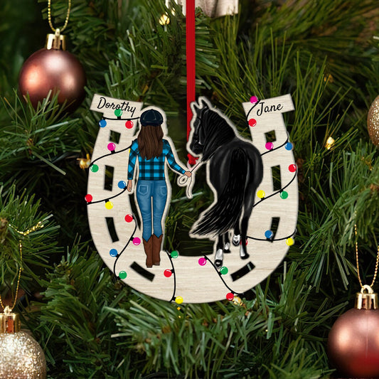 Personalized Girl With Horse In Christmas Light Ornament - Pet Christmas Ornament